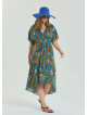 V Neck Gathered Detailed Petrol Floral Plus Size Dress 4604